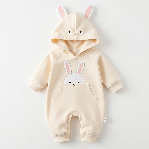 Photograph of a light beige, hooded bunny onesie with white bunny face and ears on chest, featuring black eyes and pink nose, against a