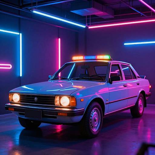 Photograph of a vintage white sedan with neon lights illuminating its exterior and interior, parked in a dark, neon-lit garage.