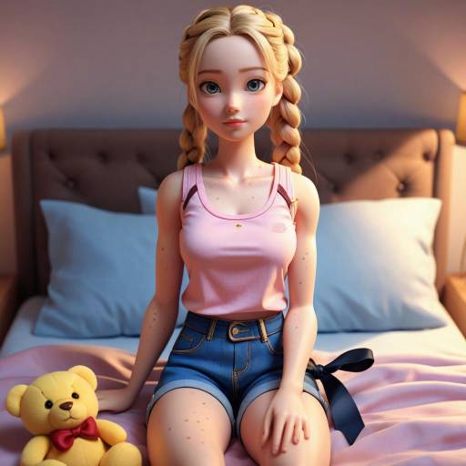 3D Blonde Girl with Teddy Bear on Bed