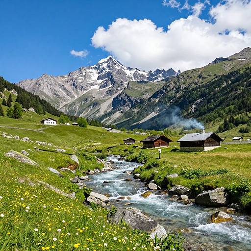 Photograph of a vibrant mountain landscape with a clear blue sky, snow-capped peaks, green meadows, wooden cabins, a flowing stream, and