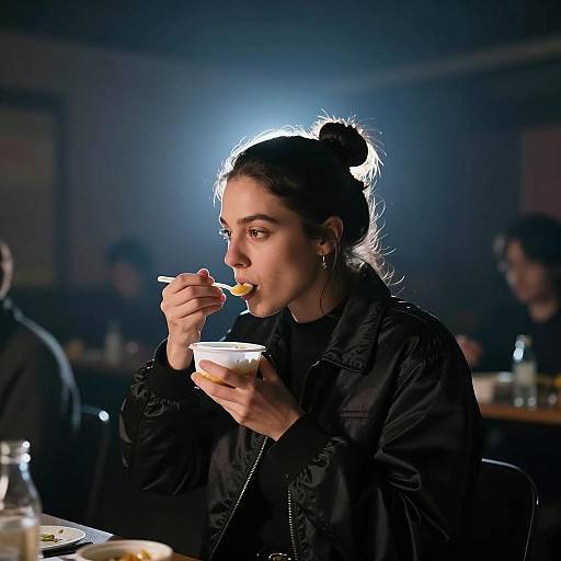 Woman Eating from Container in Dimly Lit Room