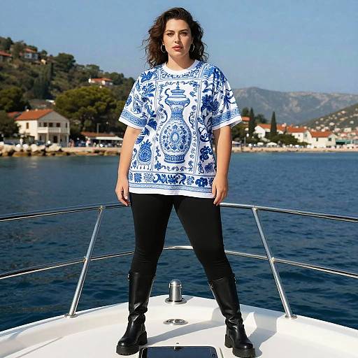Lanky Woman in Porcelain T-Shirt on Yacht
