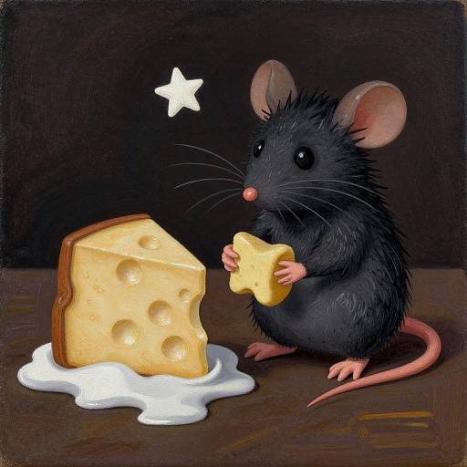 Digital illustration of a black mouse with pink ears and nose, holding a cheese star, standing beside a melting cheese wedge on a dark wooden surface.