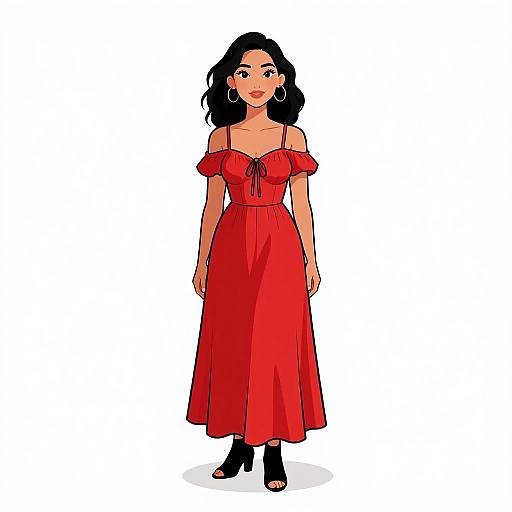 Digital illustration of a smiling woman with long black hair, wearing a red off-shoulder dress and black ankle boots, standing against a white background.