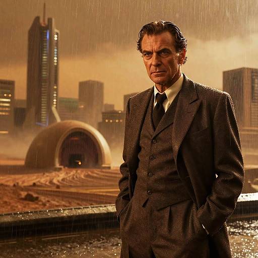 Photograph of a serious, middle-aged man in a dark brown suit standing in a rainy, dystopian cityscape with tall buildings and a dome-shaped