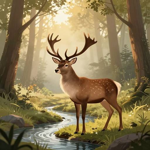 Digital artwork of a majestic deer with large antlers standing in a sunlit forest, beside a winding stream, surrounded by tall trees and lush greenery