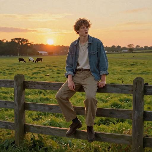 Photograph of a curly-haired man in a denim jacket and beige pants, sitting on a wooden fence at sunset, with grazing cows in a green field