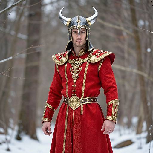 Photograph of a young white man in medieval Viking armor, red velvet tunic, and horned helmet, standing in a snowy forest.