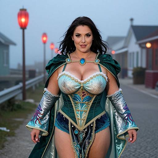 Photograph of a curvy woman with large breasts, wearing an elaborate fantasy costume with silver and green armor, blue gemstone necklace, and a revealing
