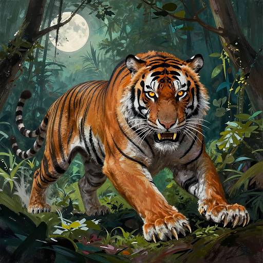 Digital painting of a fierce, orange-and-black striped tiger with glowing eyes, prowling through a dense, moonlit forest, showing sharp claws and intense