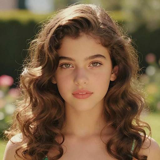 Photograph of a young woman with long, wavy brown hair, fair skin, and green eyes, standing outdoors in sunlight, with a blurred green