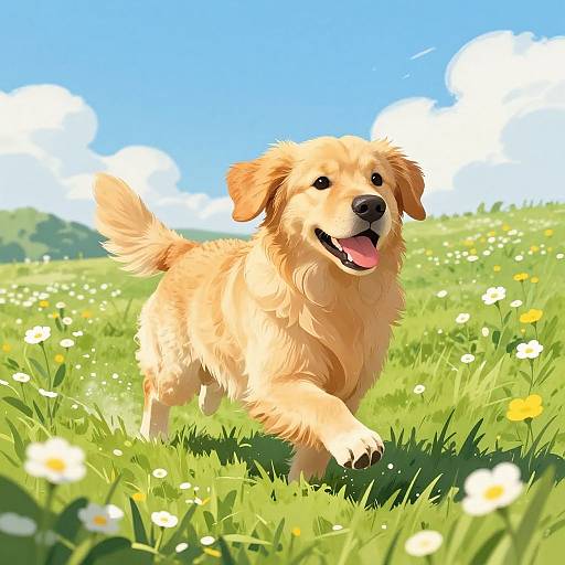 Digital illustration of a joyful, golden retriever puppy running through a sunny, colorful meadow with white and yellow wildflowers.