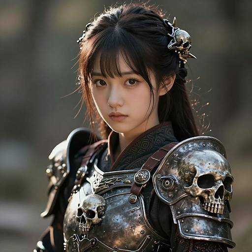 Photorealistic digital artwork of an East Asian woman with long black hair, adorned with skull decorations, wearing metallic armor with skull motifs, in a forest