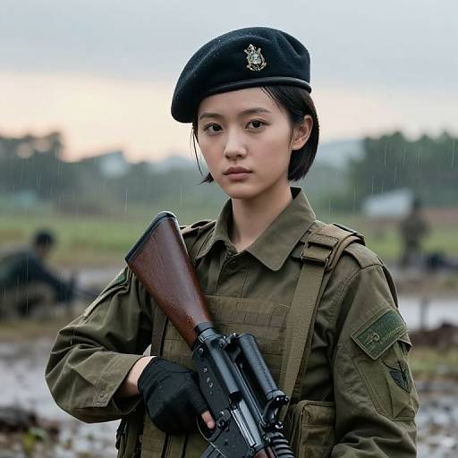 Photograph of an Asian woman in military uniform, black beret, and fingerless gloves, holding a rifle, standing in a rainy, overcast