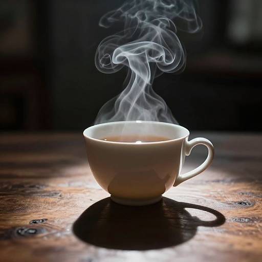 Photograph of a white ceramic cup with steaming hot coffee, casting a shadow on a wooden table, illuminated by soft light.