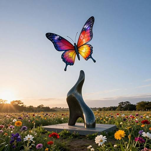 Photograph of a colorful butterfly sculpture above a black, abstract metal statue in a vibrant flower field at sunset.