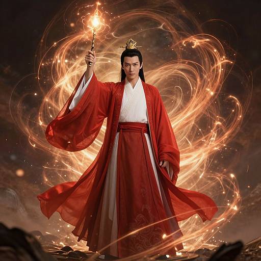 Photograph of a stern, Asian man in a red kimono with a crown, holding a flaming torch, surrounded by swirling fire. Dark, dramatic