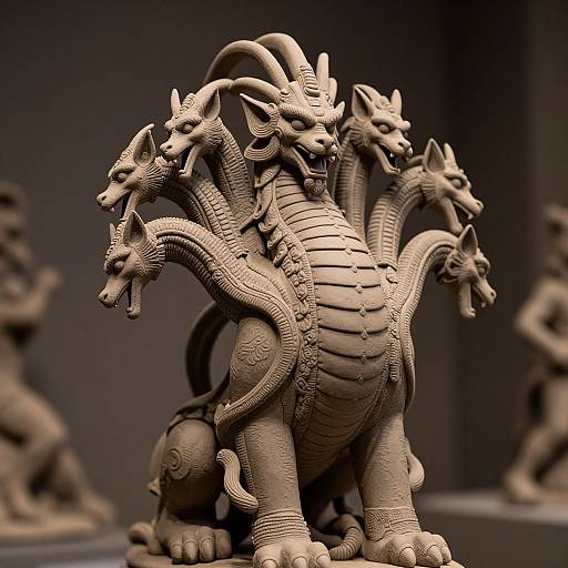 Photograph of intricately carved, three-headed dragon statue with detailed scales, ornate patterns, and raised horns, set against a dark, blurred background