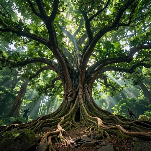 Photograph of a massive, ancient tree with sprawling roots and lush green leaves, sunlight filtering through, surrounded by dense forest.