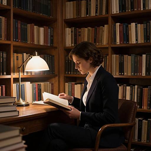 Photograph of a focused woman with short curly brown hair, wearing a black blazer and white shirt, reading a book in a dimly lit,