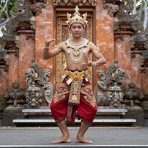 Photograph of a young male dancer in traditional Balinese attire, gold crown, red and gold sarong, standing barefoot in front of ornate