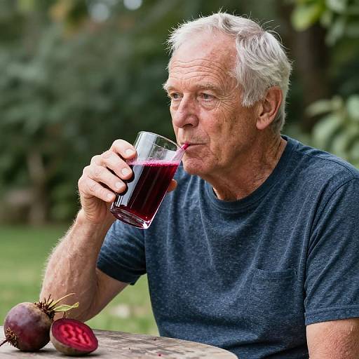 Photograph of an elderly white man with white hair, wearing a navy blue shirt, sipping dark red juice from a glass, with beets and