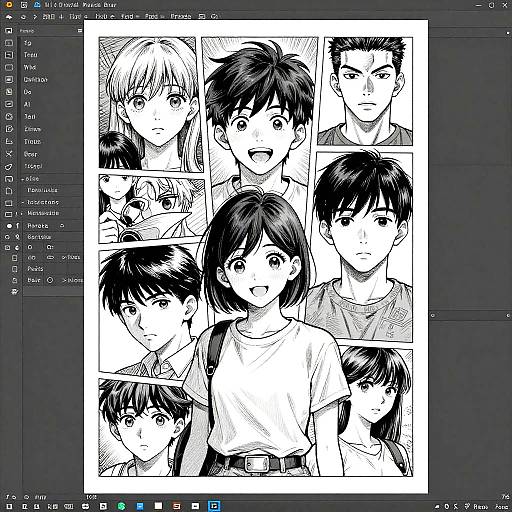 Digital black-and-white manga-style collage of seven young characters with varied expressions and hairstyles, displayed on a software interface.