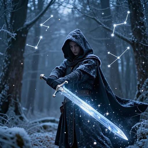 Mysterious warrior in dark hooded cloak, holding glowing blue sword, stands in snow-covered forest with star-like constellations in the background.