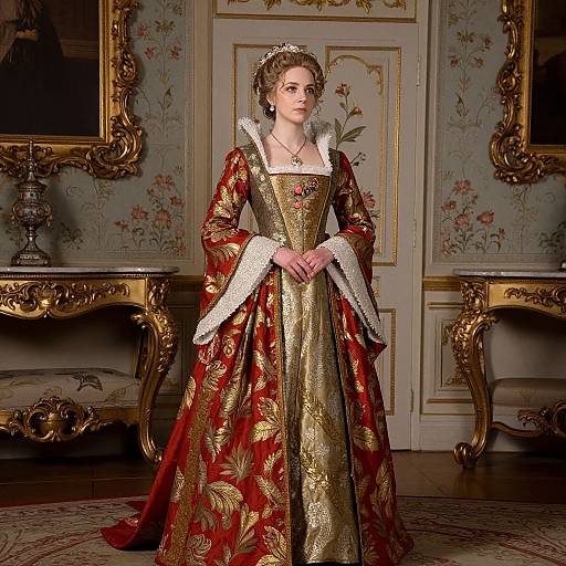Photograph of a young woman in a luxurious, gold and red Renaissance-style gown with white trim, standing in an ornate, gold-decorated