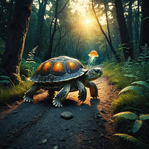 Surreal Turtle with Glowing Jellyfish on Forest Trail Surreal Turtle with Glowing Jellyfish on Forest Trail