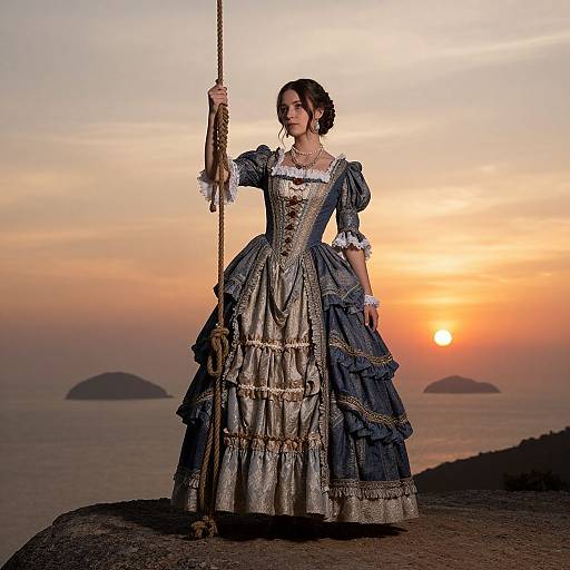 Photograph of a Victorian-style woman in a blue and silver gown with lace trim, holding a wooden staff, standing at sunset on a rocky shoreline with