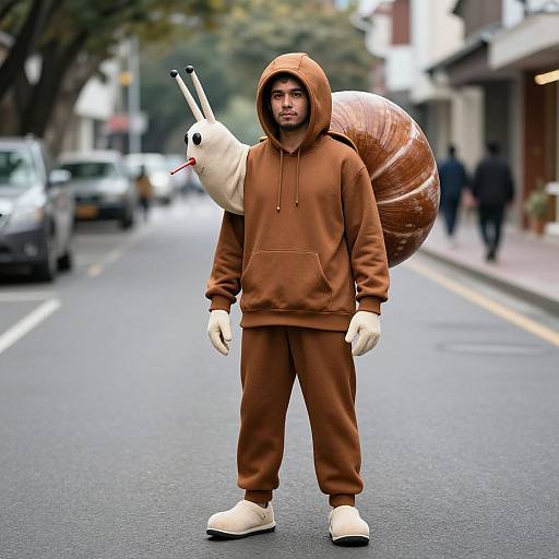 Photograph of a man in a brown hoodie and pants, wearing a white snail mask with brown shell, standing on a city street with blurred background
