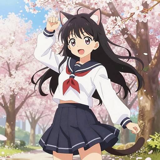 Anime Girl with Cat Ears in Cherry Blossoms