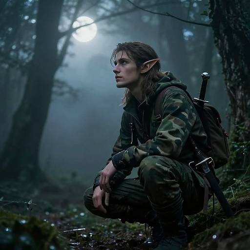 Photorealistic digital artwork of an elf with pointed ears, long brown hair, wearing camouflage gear, crouching in a misty forest, sword