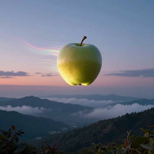 Photograph of a green apple glowing with sunlight, floating above a mountainous landscape at dawn with pink and blue sky.