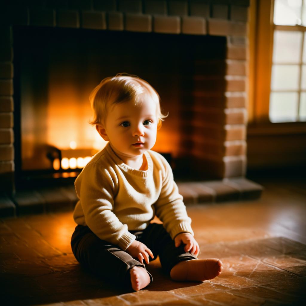 Vintage Portrait of Toddler by Fireplace