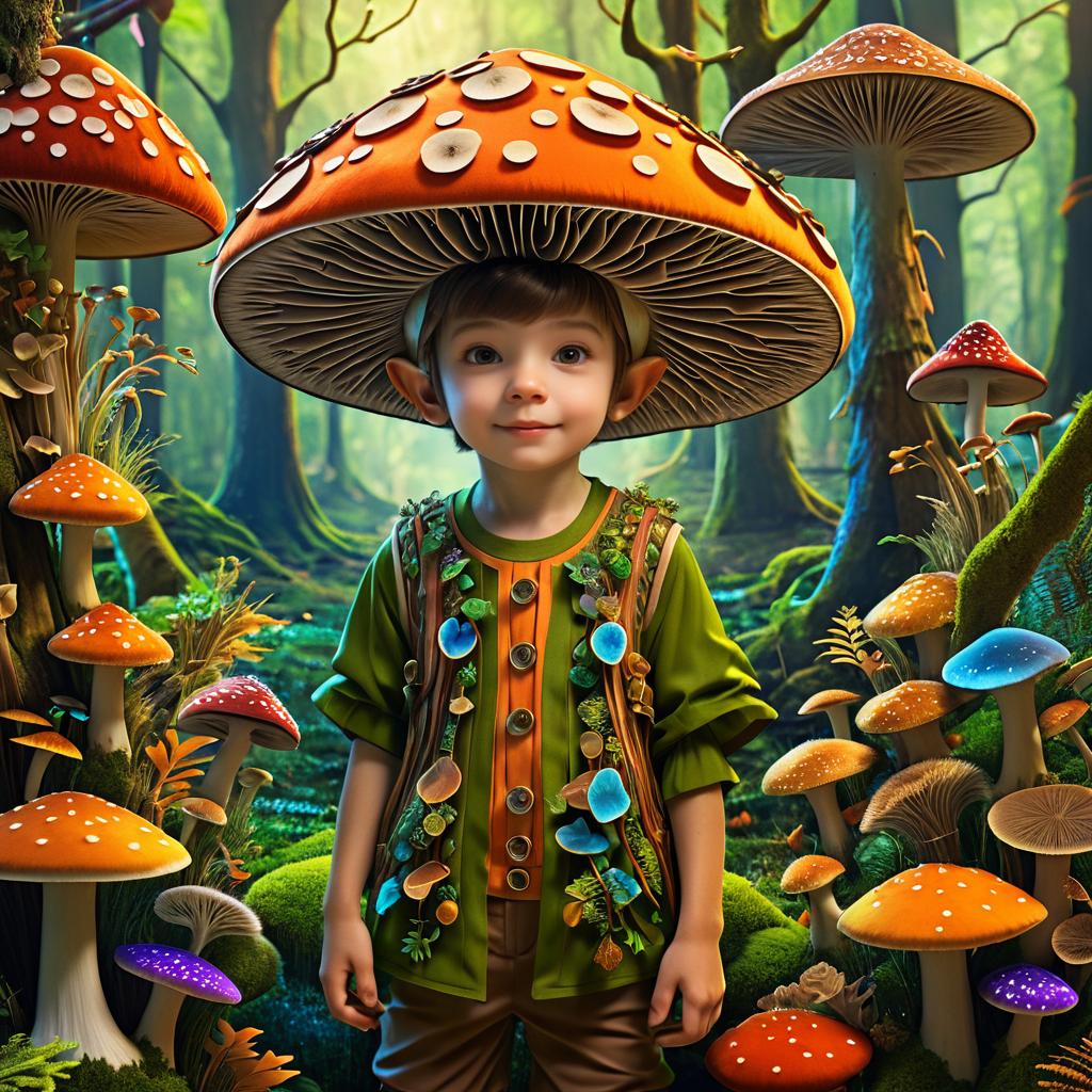 Whimsical Mushroom Boy in Vibrant Fungi