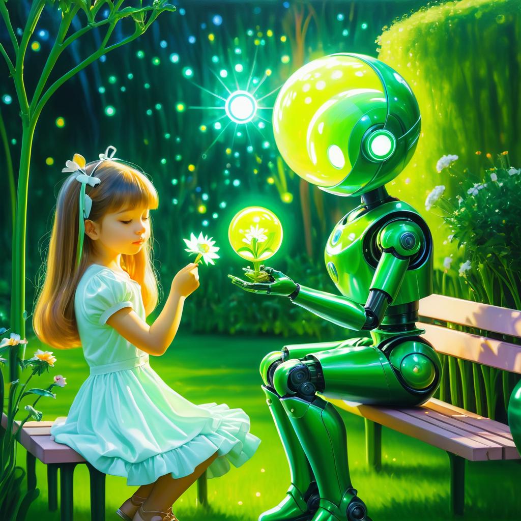 Whimsical Robot and Girl in Garden