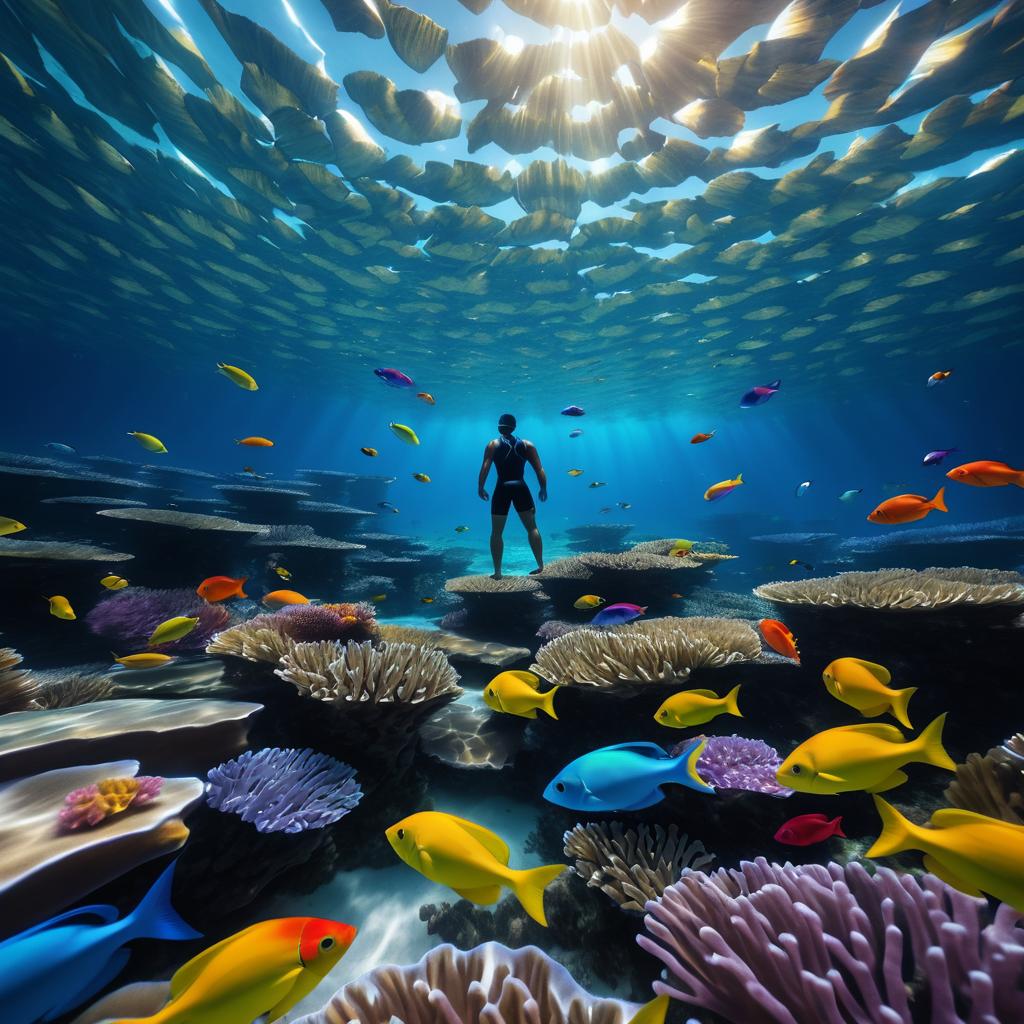 Lone Swimmer Surrounded by Vibrant Fish