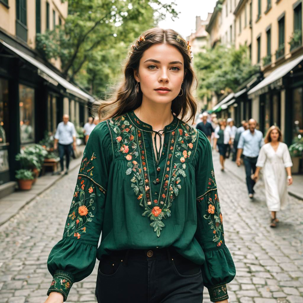 Artist in Green Blouse in City