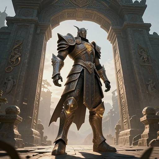 Digital artwork of a muscular, armored warrior with gold accents standing tall in front of an ornate, ancient stone archway. Bright sunlight streams through,