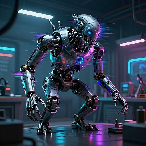 CGI image of a glowing, futuristic, metallic robot crouching in a neon-lit, high-tech lab, with vibrant blue, purple,