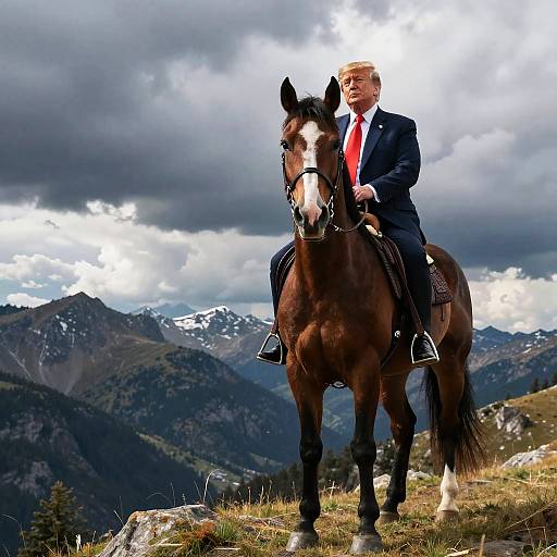 Trump on Horseback Amid Dramatic Mountain View