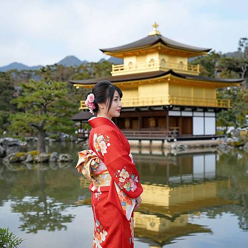 Photograph of a Japanese woman in a red floral kimono, standing by a pond with a golden pagoda in the background.