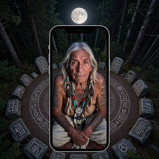 Photograph of elderly Native American man with long white hair, beaded necklace, and tattoos, seated on stone circle under full moon. Framed by