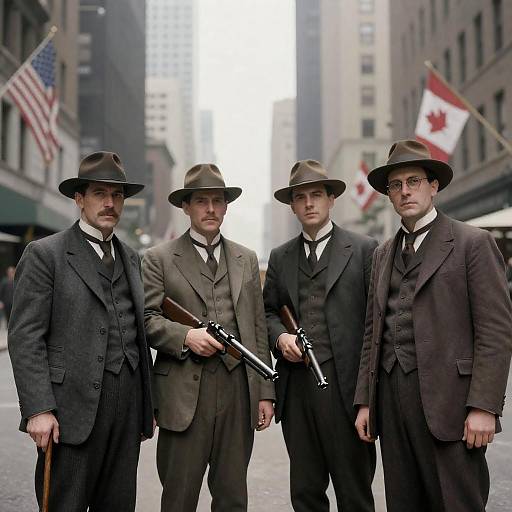 Four Men in 1920s Attire with Guns on City Street