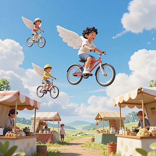 Digital illustration of three children with angel wings flying on bicycles above a sunny, outdoor market with stalls and vendors.