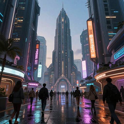 Neon-lit futuristic city street at dusk, featuring a towering skyscraper with glowing arches, surrounded by bustling pedestrians, vibrant billboards, and