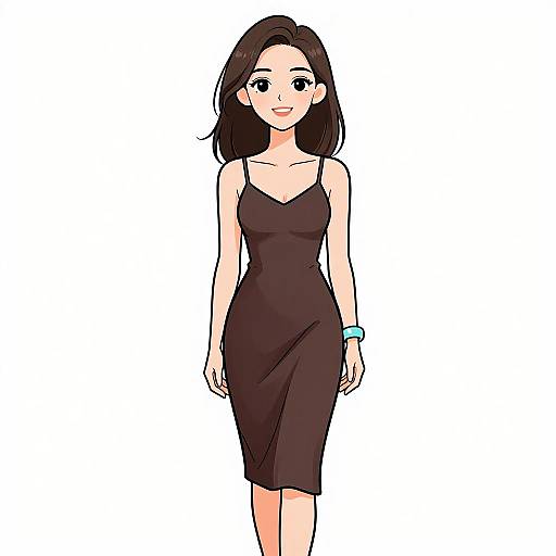 Digital anime-style illustration of a smiling young woman with long black hair, wearing a tight-fitting black dress and a blue bracelet, standing against a plain
