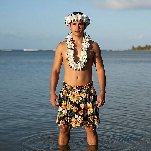 Photograph of a shirtless, tan-skinned man with a white flower lei, wearing a black floral skirt, standing in calm ocean water. Blue